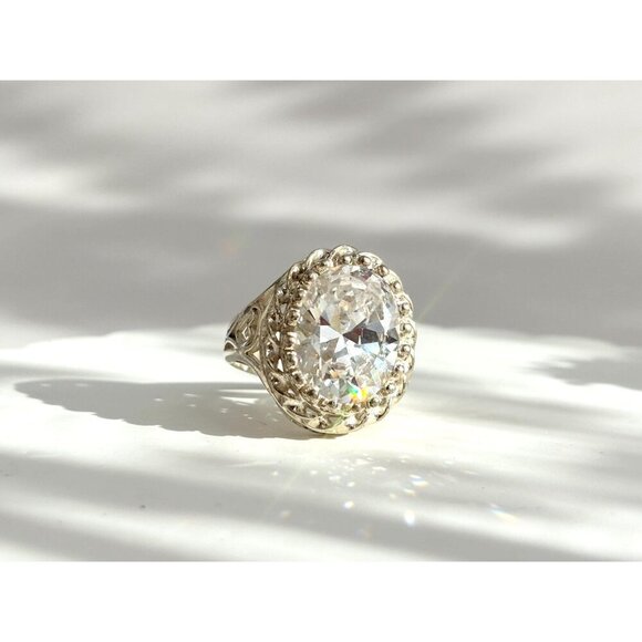 Gorgeous XL Sterling Silver Oval Cubic Zirconia Ornate Vintage Ring - sz 8.25 - Picture 7 of 10